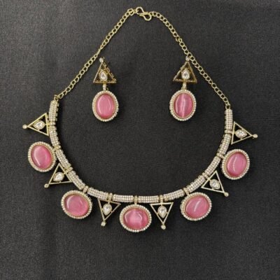 Pink Oval Necklace Set with American Diamonds