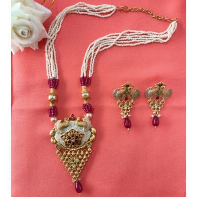 Peacock Pearl Rajwadi Necklace Set - Red