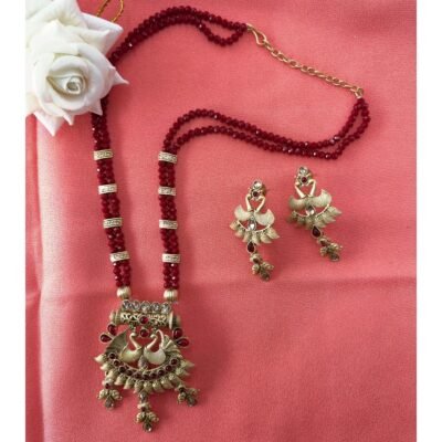 Rajwadi Swan Necklace Set - Red