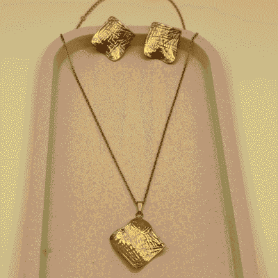 Textured Golden Pendant & Earring Set